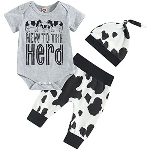 Western Newborn Baby Boy Fall Clothes New to The Herd Onesie Cow Print Pants 3Pcs Country Cowboy Coming Home Outfit