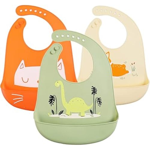 Baby Silicone Feeding Bibs, 3pcs Adjustable Waterproof Bibs for Feeding