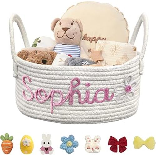 Personalized Baby Basket with Name Custom Cotton Rope Storage Bin for Diaper Caddy, Organizer, Keepsake - Shower Gift