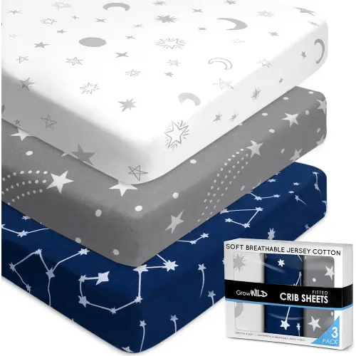 GROW WILD Crib Sheets for Boys or Girls | 3 Pack Soft Stretchy Jersey Cotton Fitted Crib Sheet Neutral | Grey White Navy Blue Baby Crib Sheets for Girl, Crib Mattress Sheet or Toddler Bed Sheets