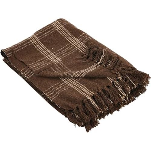 Creative Co-Op Recycled Cotton Blend Throw Blanket with Fringe, Brown Plaid