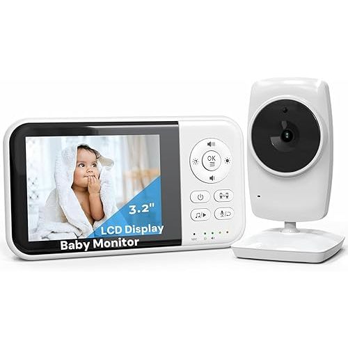 Video Baby Monitor with Camera Non WiFi Baby Monitors, Night Vision, VOX, 3.2 inch HD Screen, Two-Way Audio, Feeding Reminder, Temperature Monitoring, Smart 8 Lullabies, for Newborn Baby