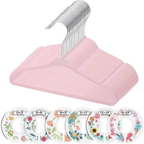 Minnebaby Velvet Baby Hangers, Baby's Closet Clothes Hangers with 6 Pcs Clothing Size Dividers, Non-Slip Closet Baby Clothes Hanger for Infant Toddler Girls & Boys, Pack of 30, Pink