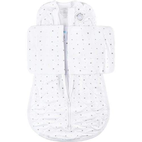 Dreamland Baby Viscose Swaddle Sleep Sack (0-6 Months). 1.0 TOG Ultra Soft Swaddle Blanket w/Built in Band. 97% Viscose, 3% Spandex (White with Grey Stars)