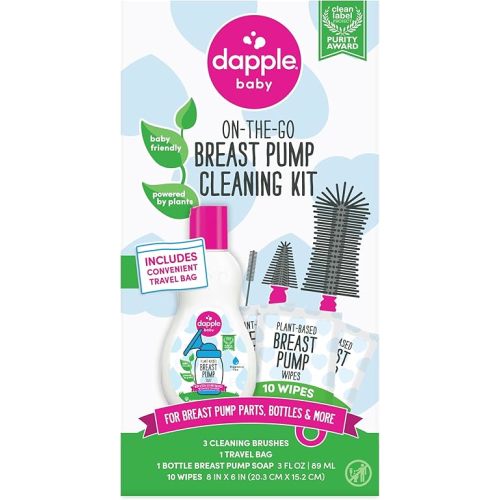 Dapple Breast Pump Cleaning Kit, Hypoallergenic & Powered by Plants, Removes Milk Residue, Leaves No Taste, 3oz Soap, 10ct Wipes, 3 Cleaning Brushes