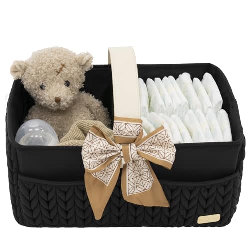 LUKJOJO Luxurious Baby Diaper Caddy, Nursery Storage Basket for Newborn Essentials, Travel Baby Basket for Diapers Baby Wipes, Organizer Tote Bag Storage Bin, Baby Shower Gifts(black)