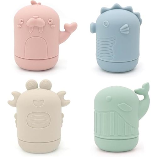 Ginbear Silicone Baby Bath Toys, Mold Free Squirty Bath Toy for Toddlers, Preschool Bath Toys for Infants, Non-Toxic Bathtub Toys for Babies 6 Months+ (Pack of 4)