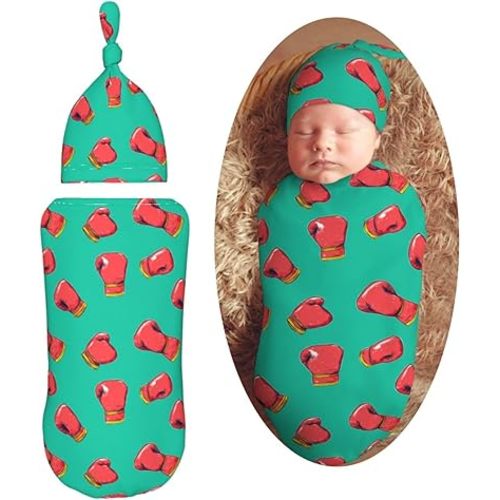 Red Boxing Gloves Newborn Swaddle Blankets Hat Sets Soft Baby Receiving Blanket Swaddle Sack for Baby Shower Infant Boy Girl Gift