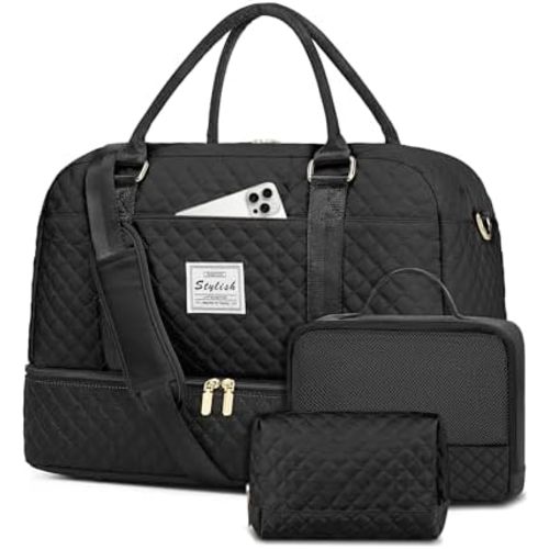 Travel Weekender Bag for Women: Travel Duffle Bag with Shoe Compartment Carry on Overnight Bag for Women Yoga Gym Duffel Bag with Wet Pocket Hospital Bags for Labor and Delivery Black
