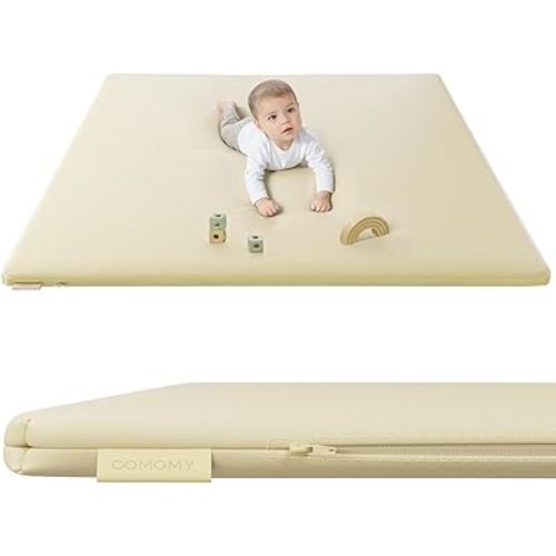 COMOMY Vegan Leather Baby Play Mats for Floor, 50 x 50 Play Mat for Playpen, Thickened High-Density Foam Playmats for Babies and Toddlers - Extra Soft and Resilient, Easy to Wipe Clean, Ivory