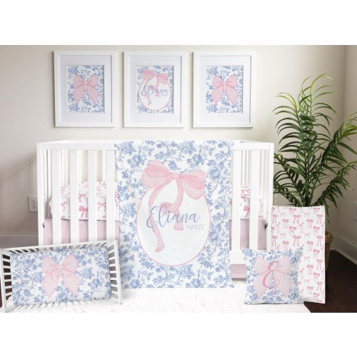 Blue Toile and Pink Bow Crib Bedding Set, Baby Girl Nursery Decor, Coquette Aesthetic, Grandmillennial, Fancy, Love, Girly Nursery