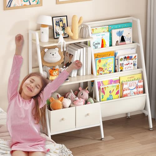 Wisdom Star Kids Bookshelf and Toy Storage, Montessori Toddler Book Shelf with Drawer, Children's, Kids Bookcase with 2 Toy Bins, Toddler Baby Children's Bookshelf, for Nursery Room, Bedroom