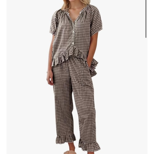 COZYPOIN Womens Gingham Pajama Set 2 Piece Plaid Cotton Pjs Cute Ruffle Sleepwear Maternity Bridesmaid Pajamas Loungewear