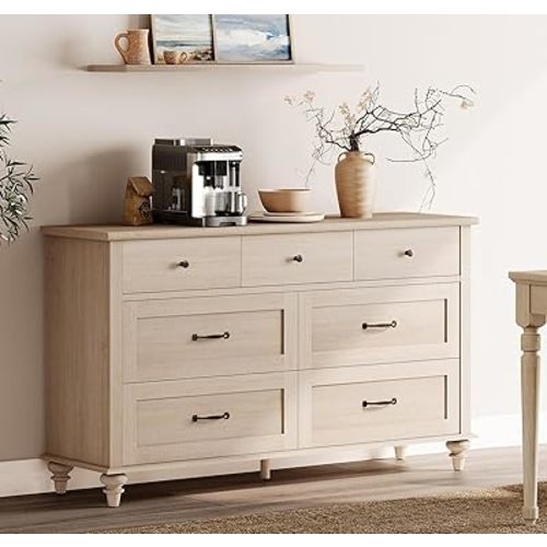 WAMPAT Beige 7 Drawers Dresser for Bedroom, Wide Chest of Drawers Kids Dresser with Solid Wood Legs, Rustic Elegant Storage Dressers Organizer for Living Room & Kids Room, 54 Inch