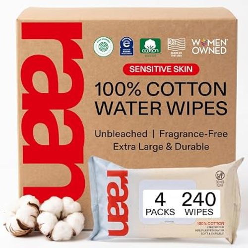 Raan, 100% Cotton Baby Wipes, Unbleached, 99% Purified Water, Unscented, EWG verified, For Extra Sensitive Skin, Naturally Soft and Durable, 4 pack, 240 Count