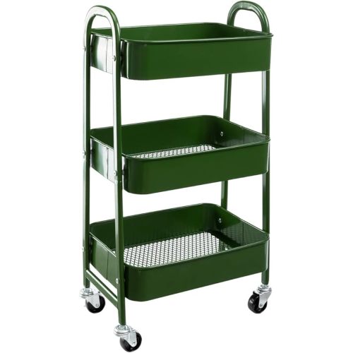 AGTEK Makeup Cart, Movable Rolling Organizer Cart, Bluish Green 3 Tier Metal Utility Cart