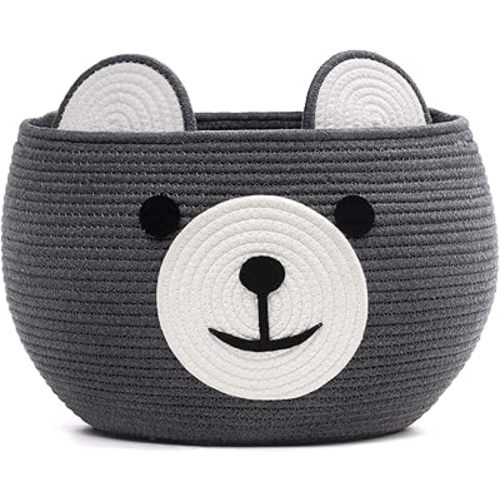 CherryNow Cotton Rope Basket Baby Cute Storage Basket for Organizing, Medium Toy Basket Empty Gift Basket with Handles, Woven Rope Bear Basket for Kids, Grey, 15.7" D x 10.5" H