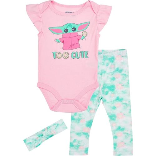 STAR WARS Baby Girls Baby Yoda One Piece Bodysuit Jogging Pants and Matching Headband 3 Piece Set