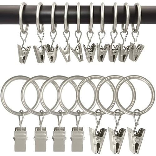AMZSEVEN 100 Pack Metal Curtain Rings with Clips, Curtain Hangers Clips, Drapery Clips with Rings, Drapes Rings 1 in Interior Diameter, Fits Diameter 5/8 in Curtain Rod, Matte Silver - 1" I D 100 Pack