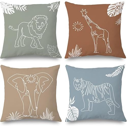 SPBL&L Woodland Animals Nursery Pillow Covers 18x18, Cute Cartoon Tiger Lion Giraffe Elephant Decorative Pillow Covers for Nursery Kids Room Playroom Classroom Decor, Jungle Nursery Decor, Set of 4