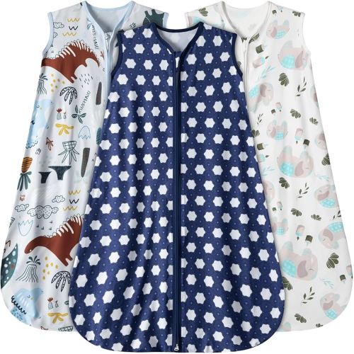 Baby Sleep Sack 6-12 Months 3 Pack Baby Wearable Blanket 100% Rayon Cotton 2-Way Zipper Toddler Sleeping Sack .Comfy Soft Lightweight TOG 0.3 (Elephant&Dinosaur&Hexagon,)