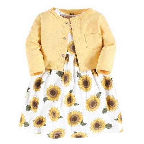 Hudson Baby Infant Girl Cotton Dress And Cardigan Set, Sunflower, 0-3 Months