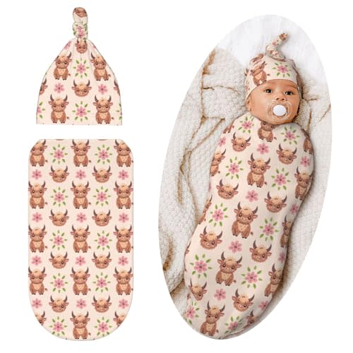 Qwalnely Cow Swaddle Blanket with Hat for Baby, Swaddling Sleeping Sacks, Unisex Baby Stuff, Highland Cow Print