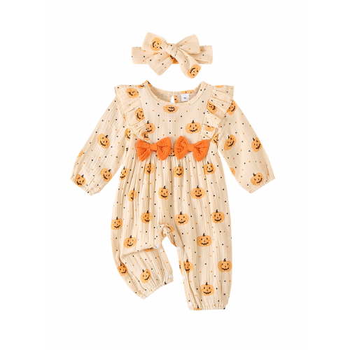 Newborn Baby Girls Halloween Outfits 2PCS Long Sleeve Pumpkin Print Bow Ruffle Romper Jumpsuit with Headband 0-12 Months