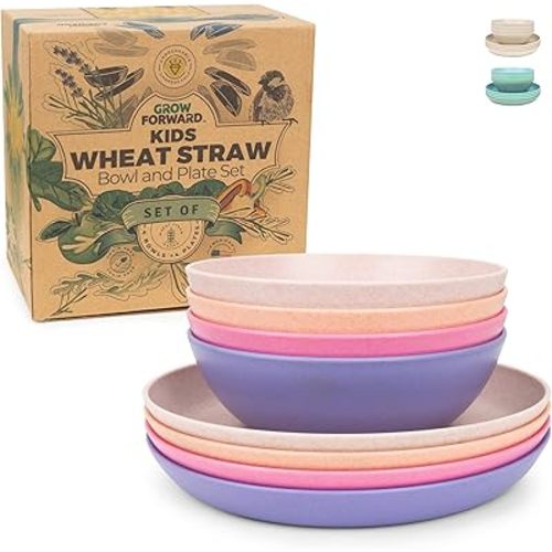 Grow Forward Wheat Straw Kids Plates and Bowls Sets - 8-Piece Unbreakable Dishwasher & Microwave Safe Plastic Plates for Kids - Reusable Non Toxic BPA-Free Dinnerware for Children - Floral