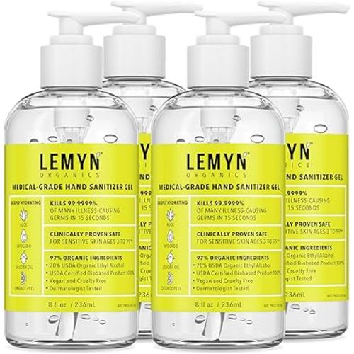Medical Grade Hand Sanitizer Gel - 97% ORGANIC - 8 FL.OZ. with PUMP (PACK OF 4)