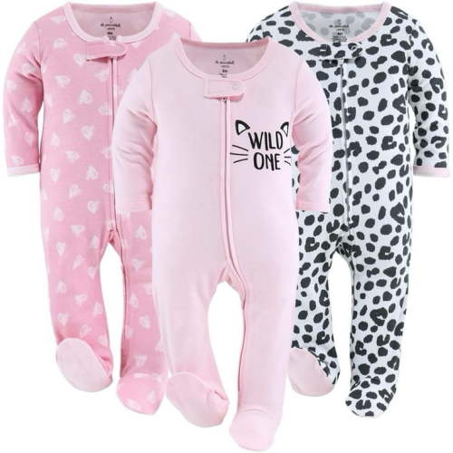 The Peanutshell Baby Sleep n Play Footed Pajamas for Girls, Pink Hearts and Animal Print, 3 Pack, Newborn to 9 Months