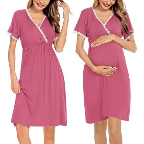 SWOMOG Women 3 in 1 Delivery/Labor/Nursing Nightgown Short Sleeve Pleated Maternity Sleepwear for Breastfeeding