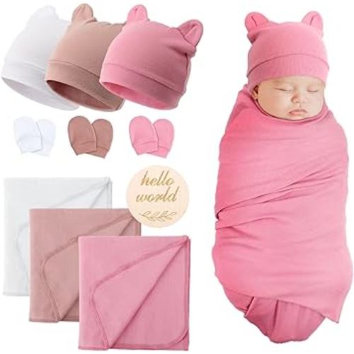 BQUBO 3 Sets Cotton Baby Swaddle Blankets Swaddling Wrap with Hats Mittens Newborn Soft Silky Nursery Receiving Blanket Cute Bear Ears Hat Elastic Gloves Set for Unisex Baby 0-3 Months