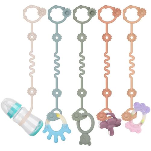 5 Pcs Toy Straps for Baby, Adjustable Stroller Accessories Toy Holder, Prevent Drop Silicone Pacifier Clip, Baby Travel Essential Applicable Sippy Cup (Sage+Ether+Muted+Apricot+Light Grey)