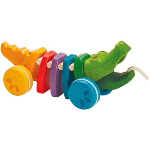 PlanToys Dancing Alligator Push & Pull Toy - Sustainably Made from Rubberwood, Makes Click-Clack Sounds and Dancing Movements when Pulled (Rainbow)