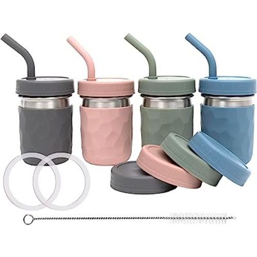 WeeSprout 2-in-1 Drinking Cups for Kids, Durable Stainless Steel Tumbler for Smoothies, Silicone Straws with Stoppers, Premium Plastic Twist Lids, Easy-Grip Sleeves, Set of 4 Dishwasher Safe Kid Cups