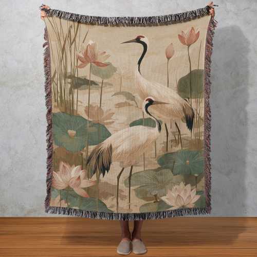 Crane Harmony Woven Blanket, Japanese Lotus Tapestry, Oriental Bird Wall Hanging