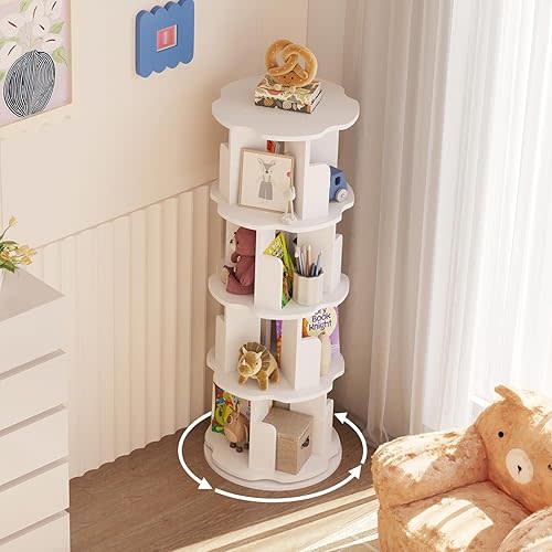 oneinmil Rotating Bookshelf, 360° Rotating Bookcase for Small Space, Corner Bookcase for Bedroom, Living Room, Study Room, Cloud Shape Board, 4 Tier, White