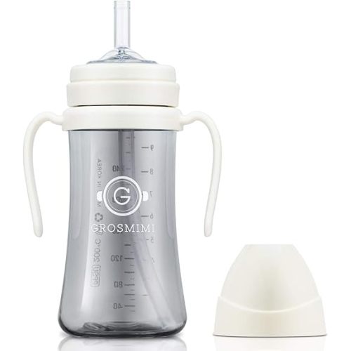 GROSMIMI Spill Proof no Spill Magic Sippy Cup with Straw with Handle for Baby and Toddlers, Customizable, PPSU, BPA Free 10 oz (White)