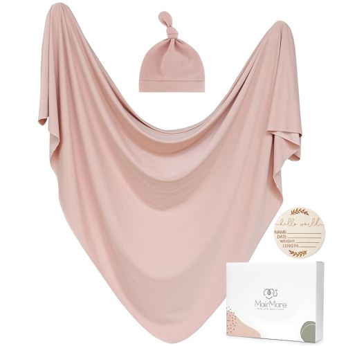 Baby Swaddle Receiving Blankets with Matching Beanie Set Newborn Nursery Swaddle Wrap for Baby Girls and Boys (Pink)
