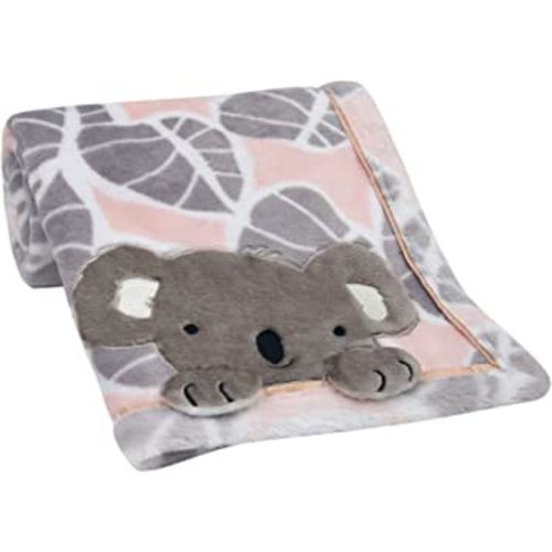 Lambs & Ivy Calypso Pink/Gray Koala Leaf Print Luxury Coral Fleece Baby Blanket