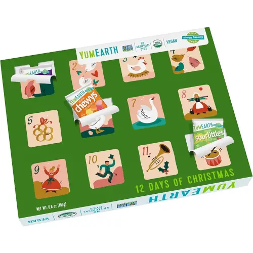 YumEarth Holiday Organic 12 Day Advent Calendar - Christmas Candy Non GMO, Gluten Free, Dye Free, Vegan - Sour Littles, Fruit Snacks, and Chewys Snack Packs