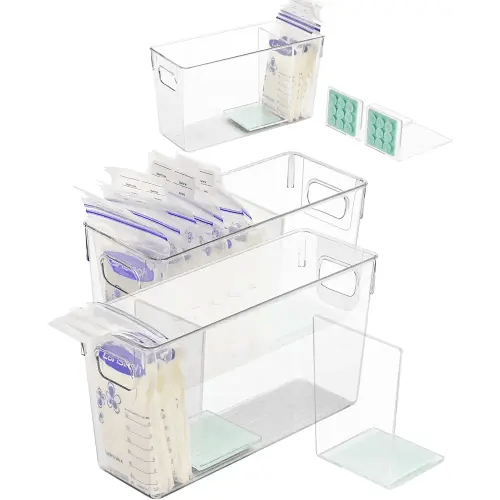 Breastmilk Storage Container with L Shaped Separator Boards, Dividers Will Flatten Standing Breast Milk Bags in Organizer Bins Save Refrigerator Space | 2 Containers Plus 4 Green Removable Dividers