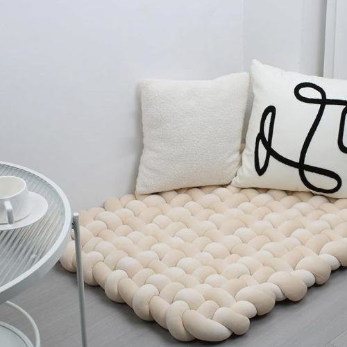 XHJRI Thickened Braided Knot Seat Mat, Knotted Floor Decorative Cushion, Handmade Baby Infant Playing Pad Nursery Rug (27.5 * 31.5 Inch,Light Khaki)