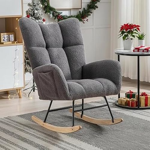 Nursery Rocking Chair Teddy Upholstered Glider Rocker Accent Chair with High Backrest Armchair Comfy Side Pocket Modern Rocking Accent Chairs for Living Room, Nursery, Office(Neutral Gray)