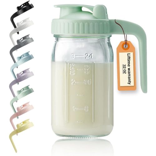 32oz Glass Pitcher with Lid & V-shaped Pour Spout - 1 Quart Breastmilk Pitcher Double Leak Proof, Creamer Container for Sun Tea, Juice, Cold Brew Coffee, Breastmilk Storage Container - Green