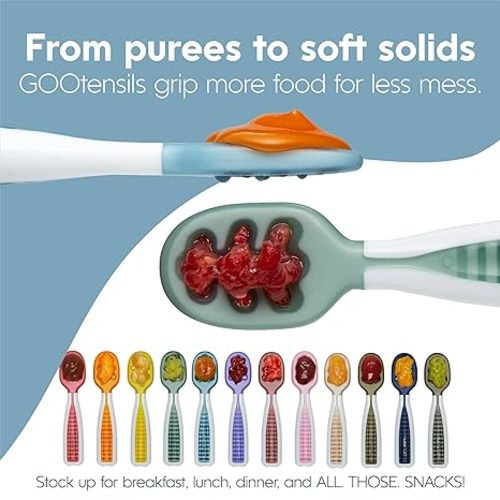 NumNum Baby Spoons Set, Baby Essentials Pre-Spoon GOOtensils for 6+ Months, First Stage Self-Feeding Spoons for Baby Led Weaning (BLW), Silicone Toddler Utensils, BPA-Free, 2 Pack Frosty Lilac/Rosebud