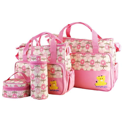 Moclever 5Pack Set Mummy Diaper Tote Bag Baby Nappy Bag Water-Resistant Stain-Resistant with Insulated Water Bottle Bag Napping, Pink