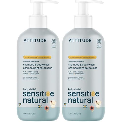 ATTITUDE 2-in-1 Shampoo & Body Wash for Baby, EWG Verified, Plant- and Mineral-Based Ingredients, Vegan and Cruelty-Free Products for Sensitive Skin, Unscented, 16 Fl Oz, (Pack of 2)