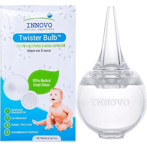 Innovo Hospital Grade Silicone Twister Bulb Baby Ear Syringe and Nasal Aspirator, Sucks Snot and Mucus, Nasal Bulb Ear Syringe, Cleanable and Reusable Clear White